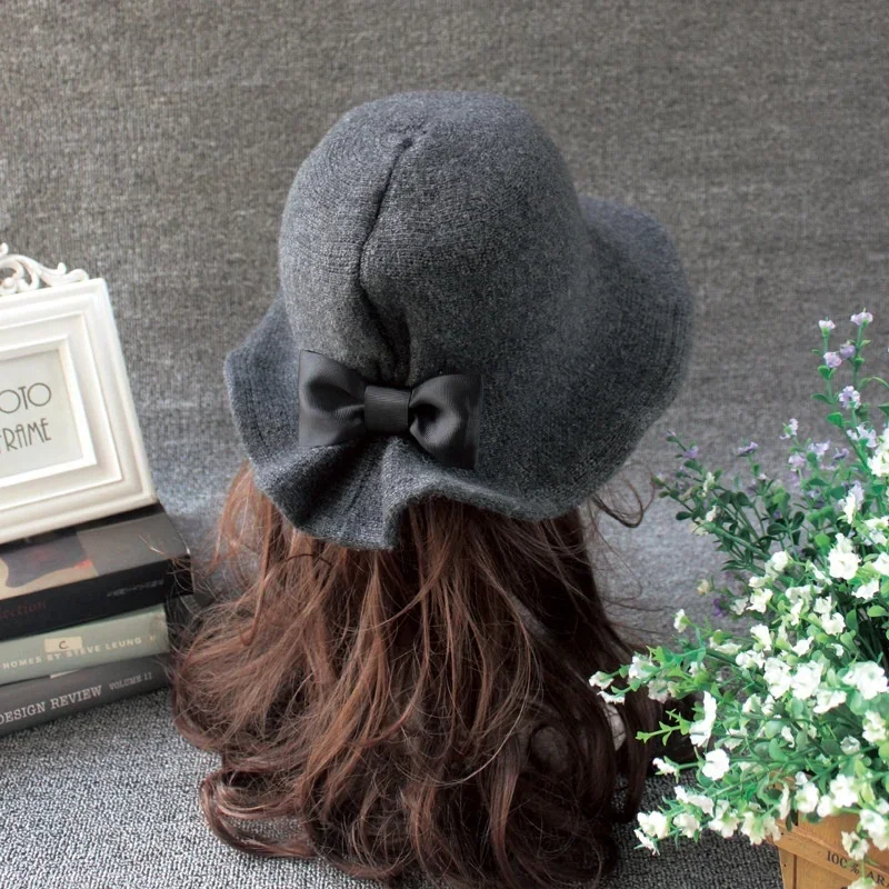 New Vintage Wool Bucket Hats Ladies Bowler Hat Fashion Bows Basin Hat Fisherman Hat Woman Winter Black Coffee Dark Camel Hat