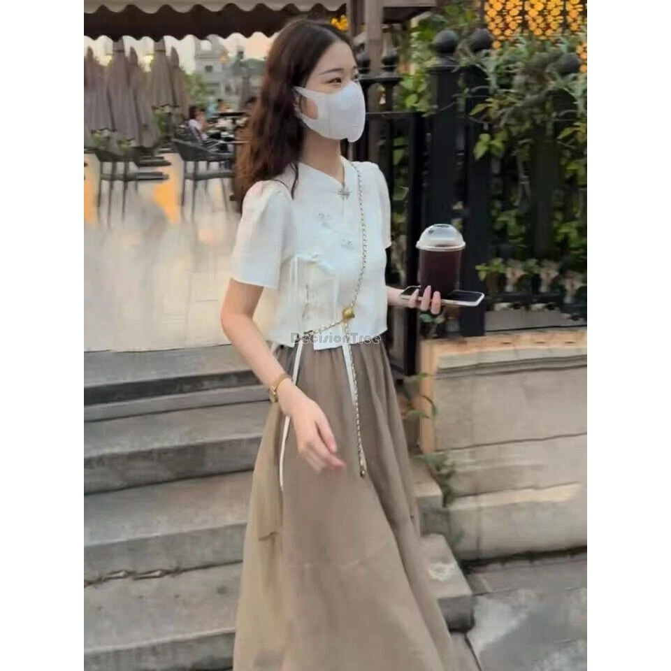 

2024 new chinese improved retro fashion tang suit two piece set short sleeve cheongsam blouse elastic waist loose gauzy skirt