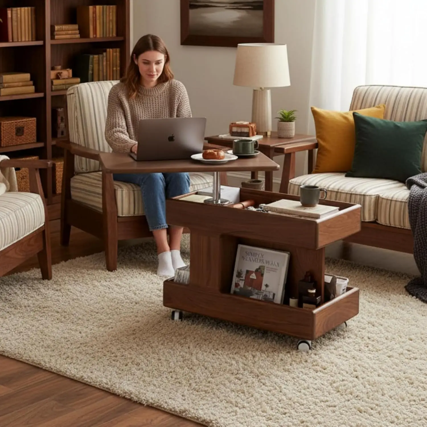 

Lift Top Solid Wood Coffee Table with Storage Wheels Rotating Desktop Living Room Bedroom Small Spaces Walnut Customized