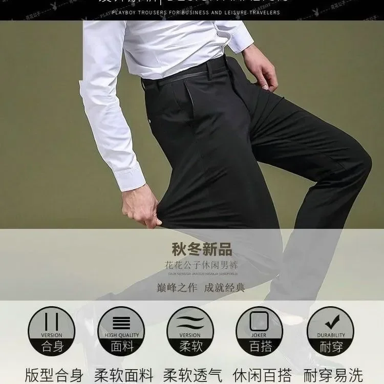 Cotton Men\'s Casual Pants Thin Spring Summer Middle-Aged Elderly Straight Trousers Smart Casual Stretch Business Black Pants Men