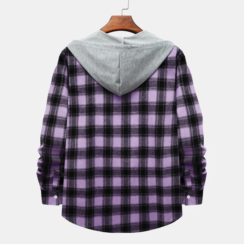 2022 New Purple Plaid Checked Hooded Shirt Men Long Sleeve Casual Hoodie Shirts Mens Hip Hop Streetwear Shirt Camisa Masculina