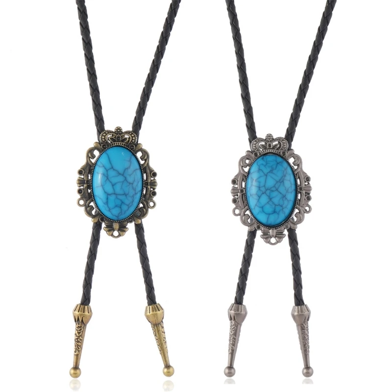 652B Western Bolo Tie with Crack Turquoises Gemstones and Adjustable Leather Cord