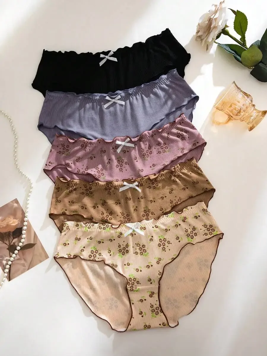 

5pcs Sweet Ditsy Floral Ruffle Trim Womens Panties Set