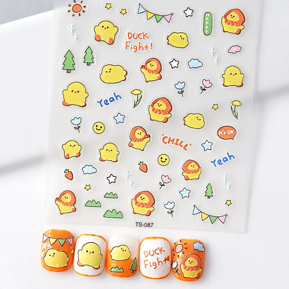 

1PCS Cartoon Yellow Duck Bear Bee Nail Sticker Manicure Accessories Nail Parts Disney Anime 5D Embossed Stickers Nail Decoration