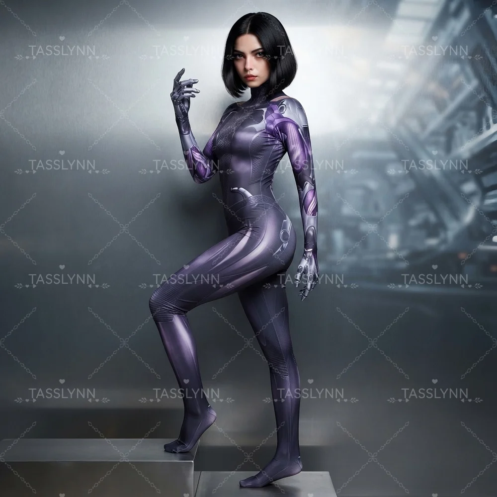 Alita Battle Cosplay Zentai Bodysuit Purple‑Silver Cyborg Mechanical Full Jumpsuit Halloween Sci‑Fi Movie Cos Costume view 4