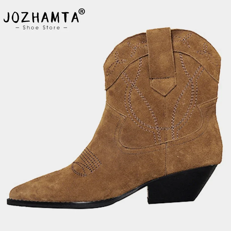 JOZHAMTA Size 34-43 Women Ankle Boots Genuine Leather Chunky High Heels Shoes For Women Winter Suede Luxury Brand Cowboy Boots