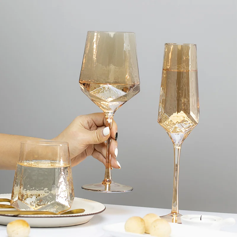 Colored Amber Champagne Goblet Wine Glasses Home Transparent Gold Edge Lead-free Crystal Glass Hammered Diamond Whisky Beer Cup