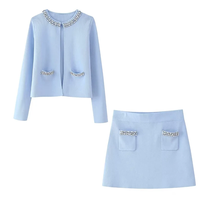 SIYANG Blue Diamonds Knit Coat Skirt Set Women Slim Long Sleeve Tops Mini Hip Package Skirts Suits Female Summer Lady Streetwear