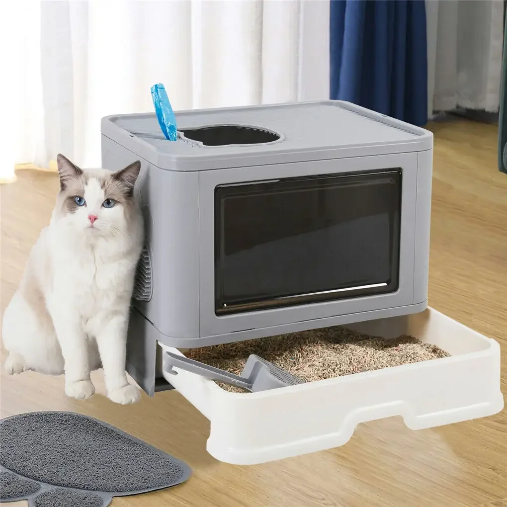 

Customizable Bac à litière pliable pour chat, entrée avant et sortie supérieure, boîtes de toilette avec masseur