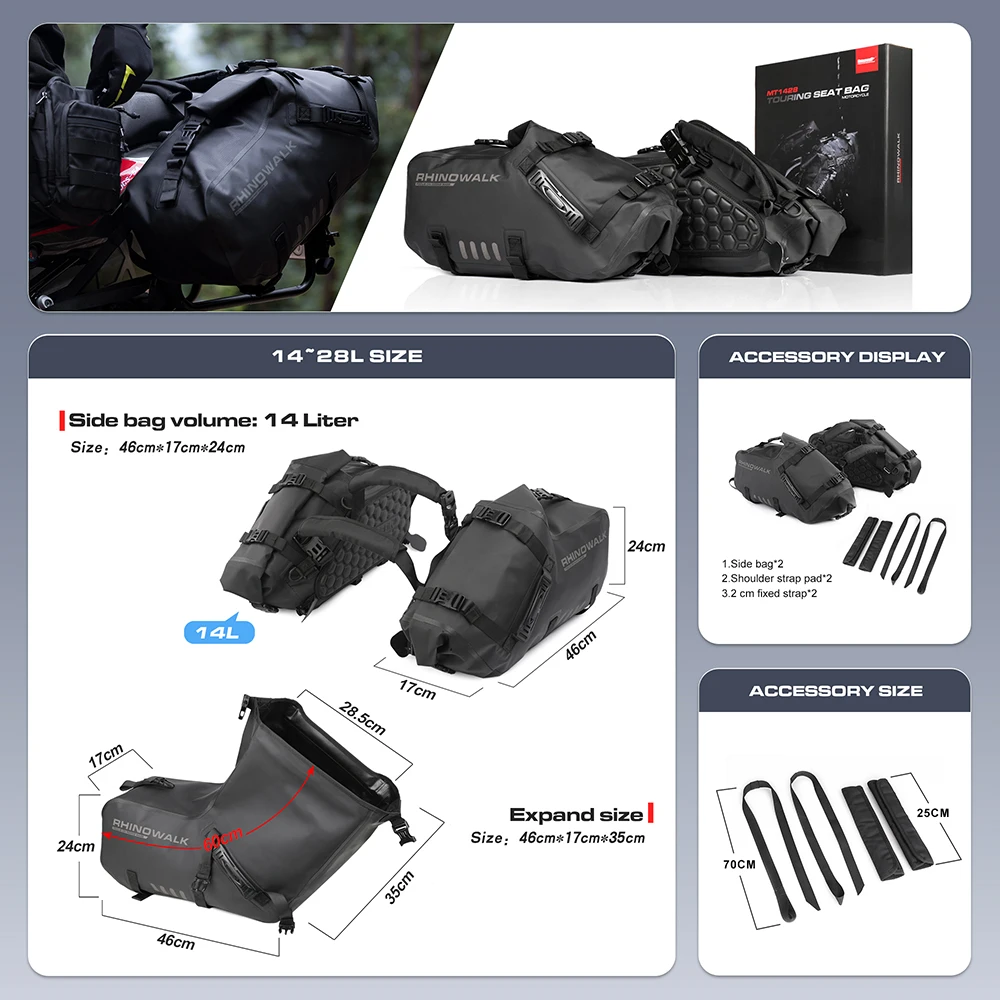 Motorcycle Bag 28L Waterproof 2 Pcs Universal Fit Motorcycle Pannier Bag Saddle Bags Side Storage Fork Travel Luggage