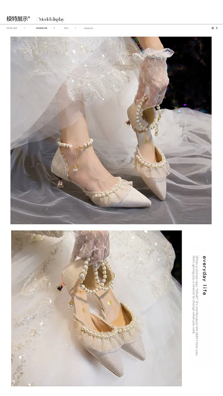 Weiße Hochzeitsschuhe für Damen 2026 Sommer Luxus Seide Perlen Knöchelriemen High Heels Pumps Spitze Damenschuhe mit Absatz – Detail 11