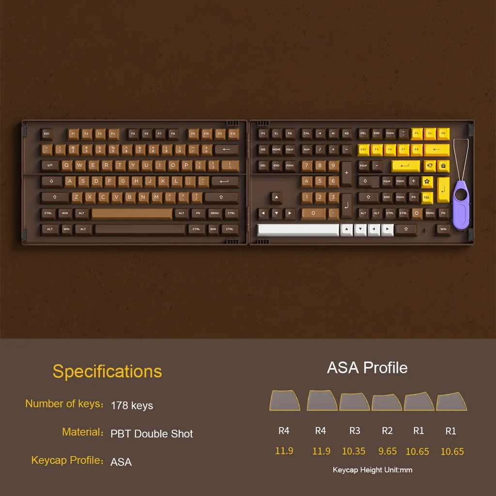 Akko Chocolate Keycap Set 178-Key ASA Profile PBT Double-Shot Full Keycap untuk Keyboard Mekanis Multi-layout dengan Koleksi