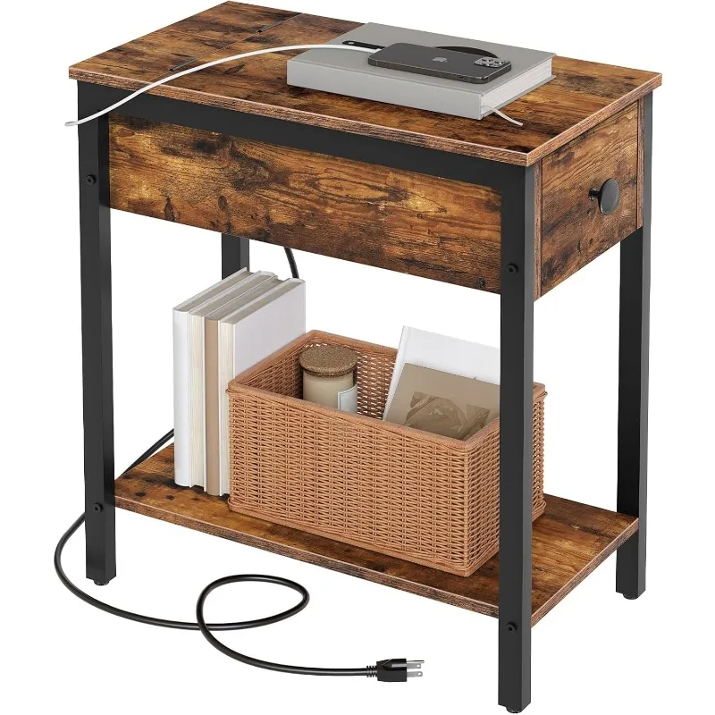 

End Table with Charging Station, Narrow Side Table, Small Nightstand, Bedside Tables with Drawer and Storage Shelves