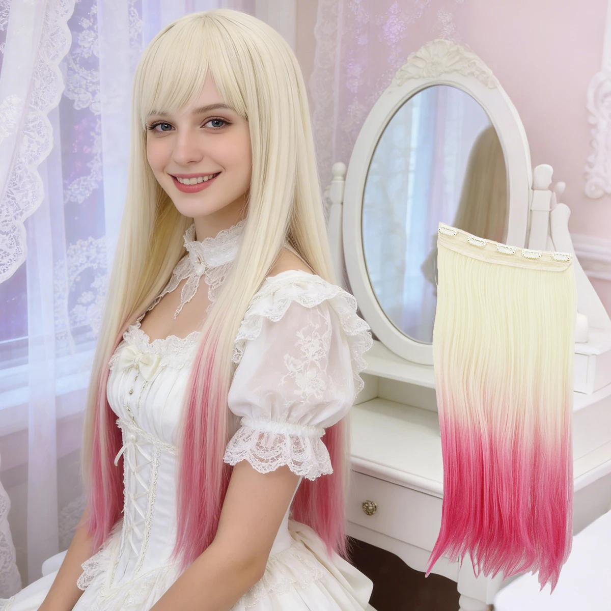 Light Golden to Rose Red and Navy ,Long Straight with Air Bangs,Sweet&Energetic Style for Daily Use,Synthetic Wigs.