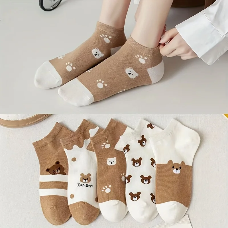 10 pairs of women's cartoon bear pattern socks - soft, breathable, elastic casual socks with cute bear faces