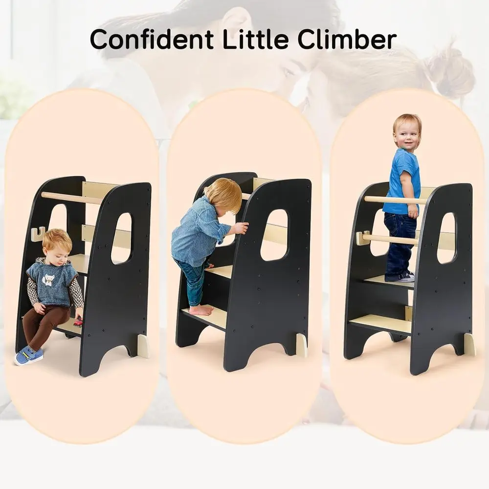 Anti-Tip Toddler Kitchen Helper Stool, Rounded Edge, Removable Rail, for Ages 1.5-6, Black