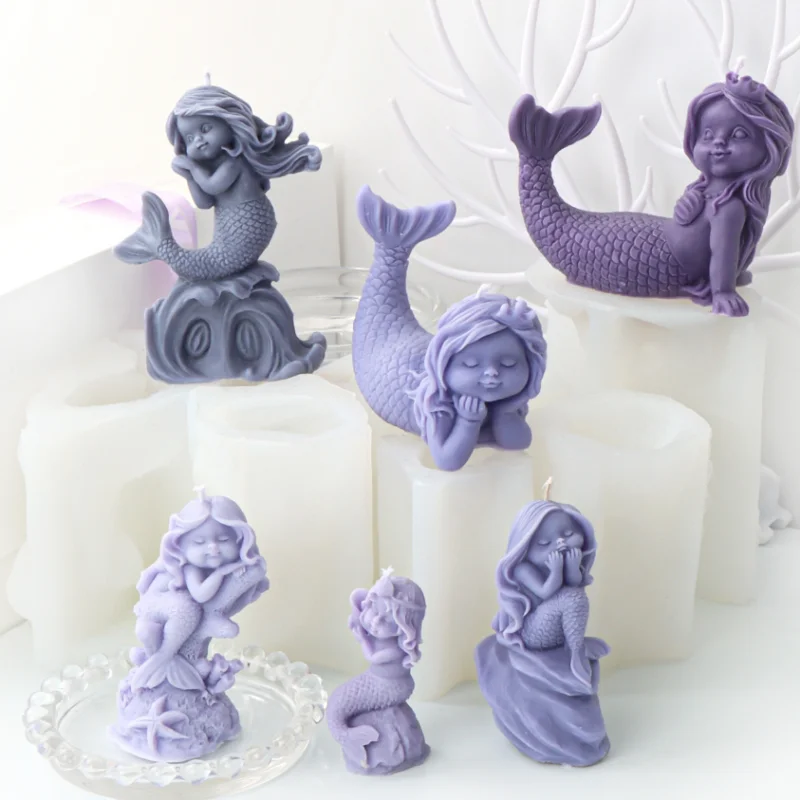 Oceanid Shell Mermaid Candle Silicone Mold Human Girl Sleep Soap Resin Plaster Mould Conch Coral Chocolate Making Decor Gifts