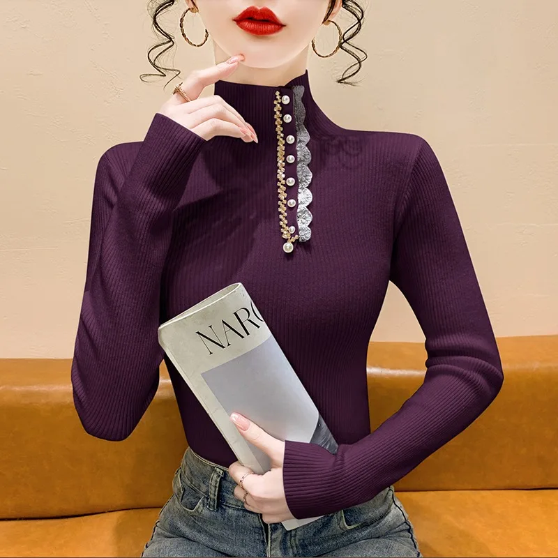 เสื้อไหมพรมแต่งขอบลูกไม้ แขนยาว คอสูง ทรงเข้ารูป ใส่เป็นเสื้อตัวในหรือเสื้อตัวนอก สำหรับผู้หญิง ฤดูใบไม้ร่วง ฤดูหนาว รุ่นใหม่ สไตล์ Sle Com...