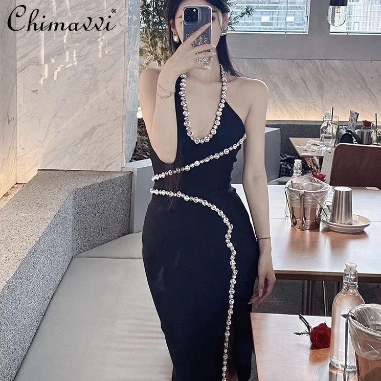 

High-End Luxury Sexy Black Halter Dress 2024 Summer New Fashion Temperament Goddess Style Diamond Split Party Dresses Women