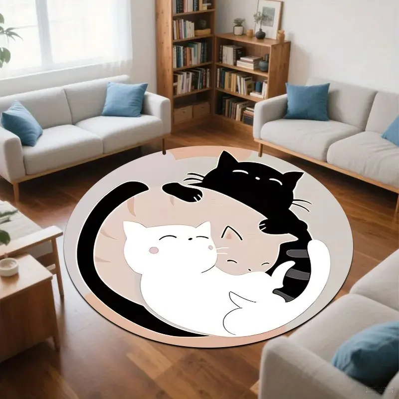 pattern of Yin-Yang cats Flannel-printed round floor mats are slip-resistant Suitable living room bedroom terrace garden carpets