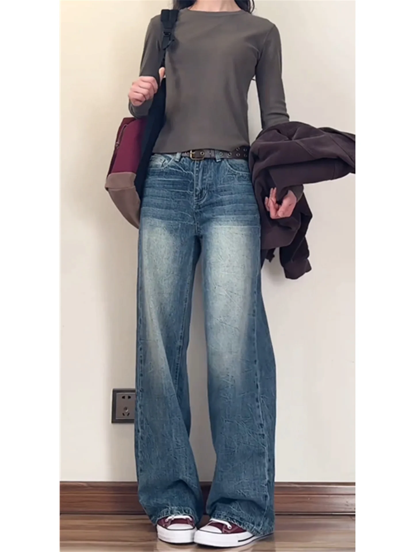 

Tall Women's Loose Fit Low Waist Wide Leg Jeans Vintage Blue Straight Floor-Length Casual Cotton Denim Spring Autumn Slimming...