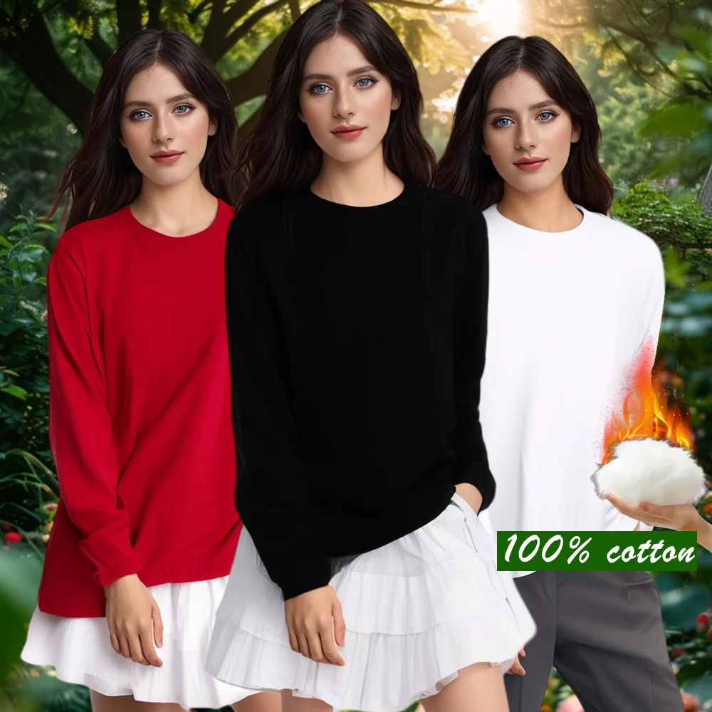 

Winter New O Neck Long Sleeve t shirts damen Tops red Black Casual pure cotton Versatile T-Shirts White Woman Clothing Top women