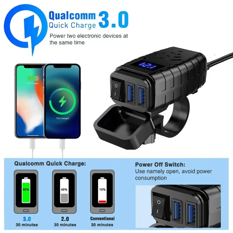 12V Dual QC3.0 Motorcycle USB Fast Cellular Charger Waterproof USB Port Socket Connector with Digital Voltmeter Moto Accessories