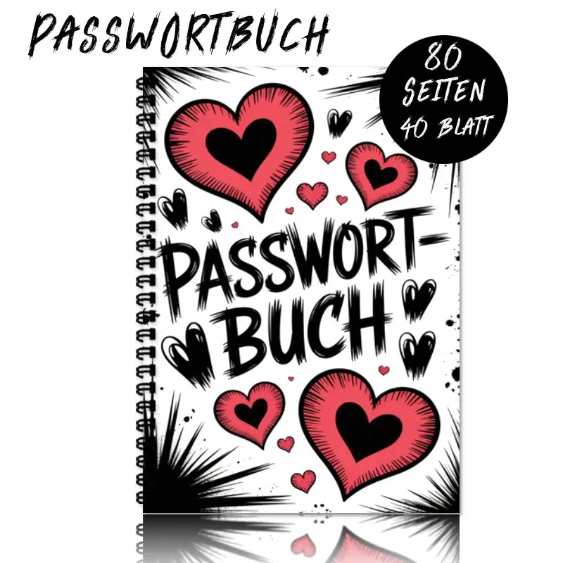 Deutsch Passwortbuch|Notebook A5-Red Black Heart Doodle Design,A Perfect Gift for Seniors and Those Who Have Forgotten Passwords