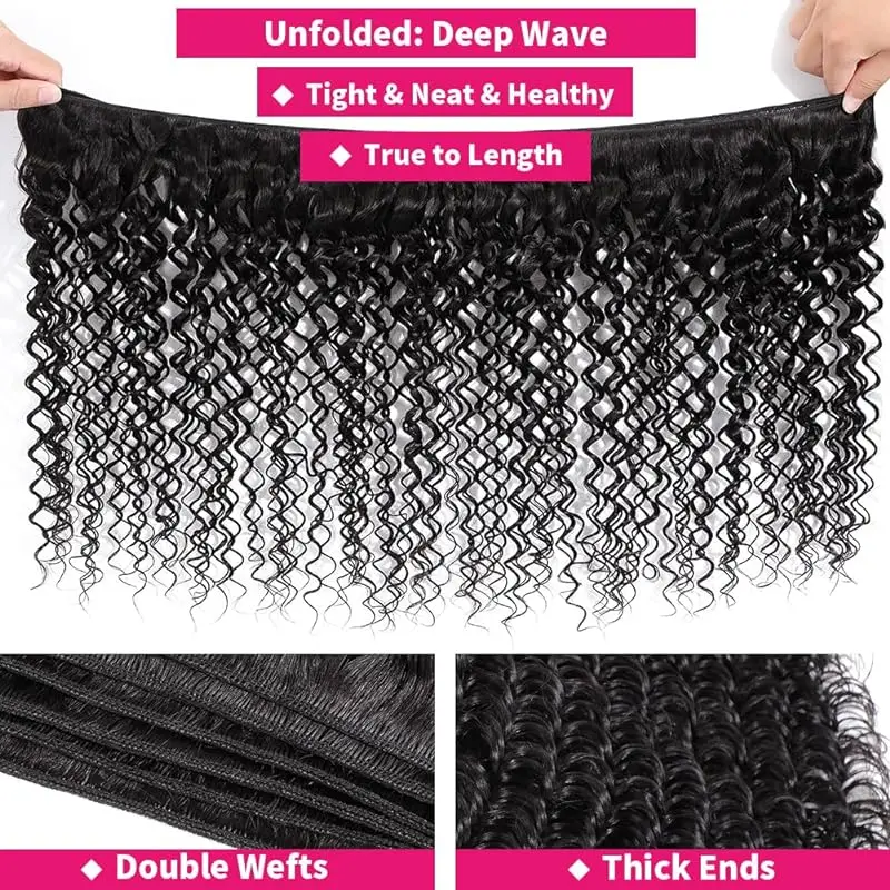 Deep Wave Haar bündel Echthaar Bündel 16 18 20 Zoll unbehandeltes brasilia nisches jungfräuliches Haar geeignet für schwarze Frauen # 1b