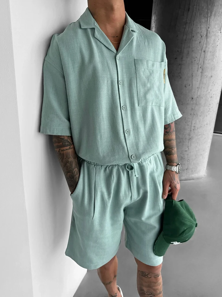 Casual Solid Color Short Sleeve Button-up Shirts Mens Shorts Two Piece Suits Summer Beach Leisure Loose Outfits Men Fashion Sets