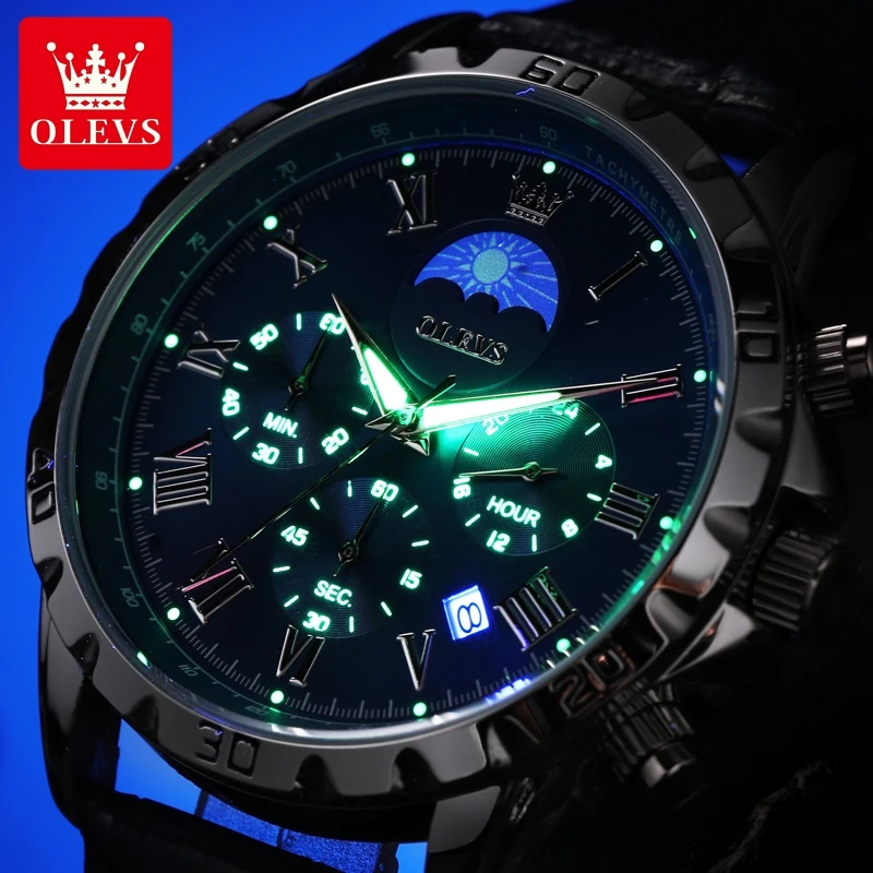 OLEVS 2950 Moon Phase Quartz Watch for Men Multi functional Roman Scale Original Hand Clock Chronograph Business Male Watches