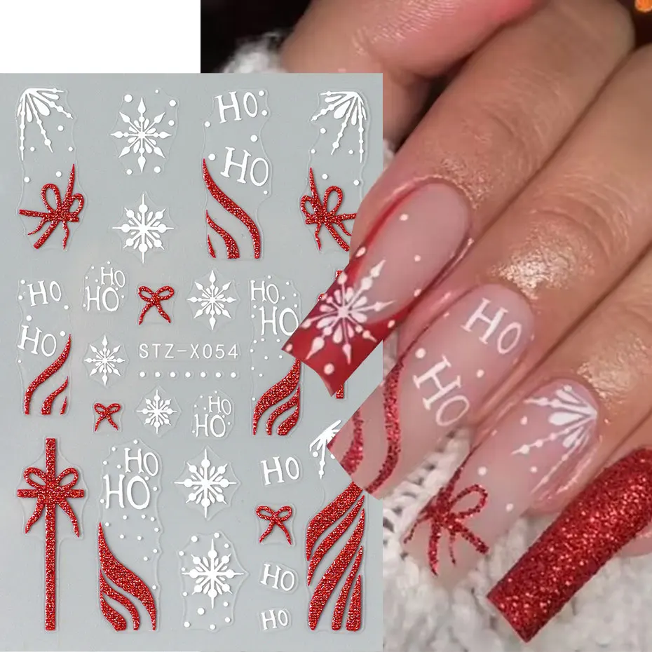 2/3pcs Kerst Rode Glitter Nail Charms Folies 3D Boog Franse Letters Nail Stickers Cartoon Elanden Kerstman Sneeuwvlok ster Decals Decor