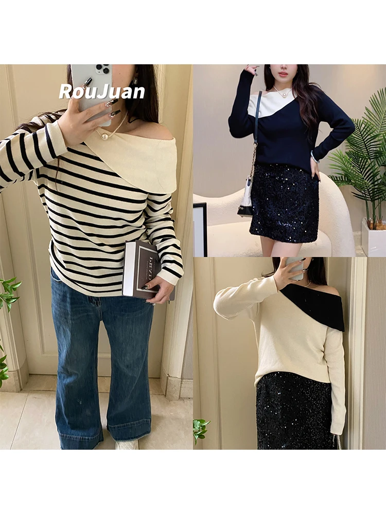 

Large Size Skin-friendly Knitted Australian Fur oulder-baring Top for Plus-size Women Autumn Commute Casual Wear