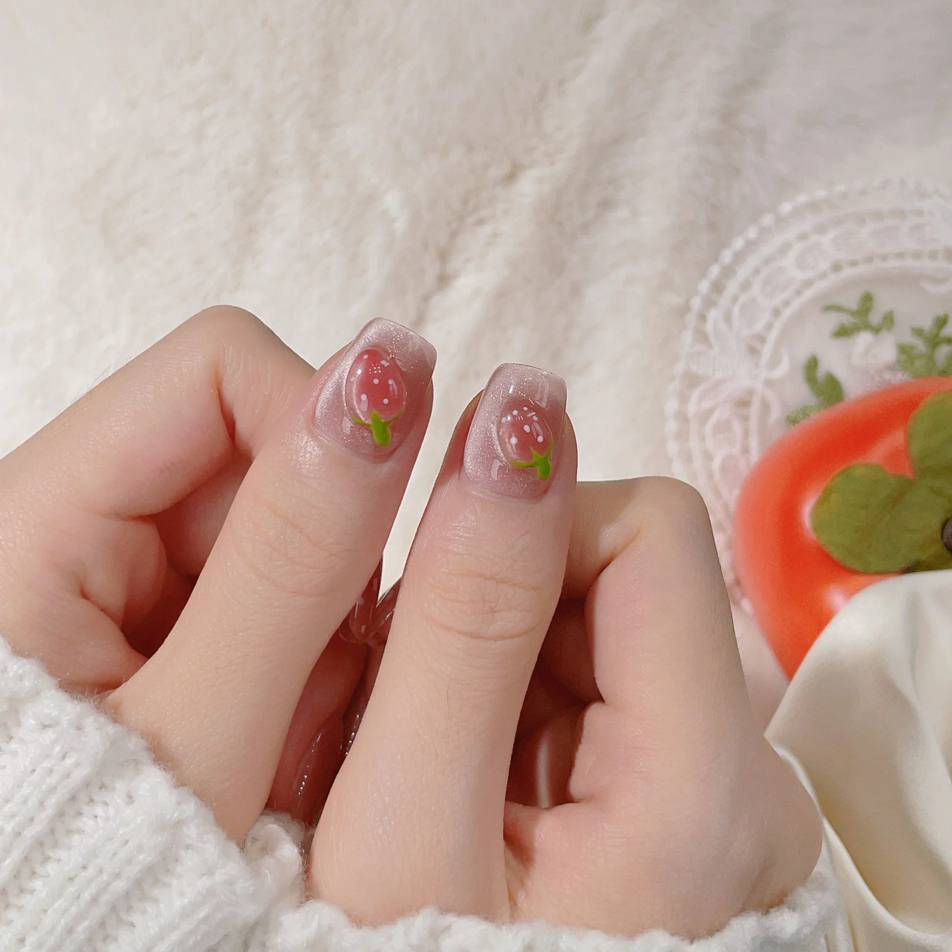 10 Uds. De ojo de gato corto hecho a mano con diseño de fresa, uñas postizas bonitas y brillantes, uñas postizas dulces para niñas