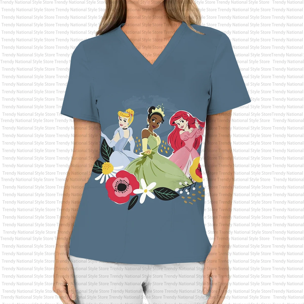 Summer New Arrival Women's Work Nursing Uniform Disney Princess Kaii Print V-Neck Pocket Frosted Top Dental Pet Shop T-Shirt