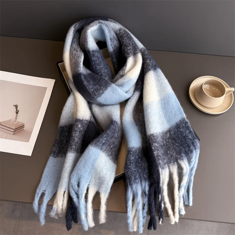 Warmer Dicker Winterschal für Damen, Mohair, Kariert, Weicher Quastenschal, Pashmina, Großer Halsdecken-Schal – Detail 9