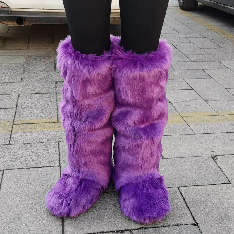 2023 Winter Thigh High Fluffy Boots Ladies Furry Faux Fox Fur Long Warm Shoes Women New Designer Plush Knee High Fur Boots Girls images - 6