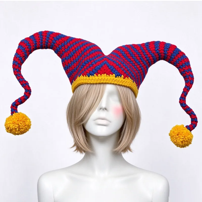 Handmade Coloful Striped Viking Goat Horn Jester Clown Hat Women Custom Crochet Funny Knit Beanie Men Cosplay Canival Party Caps