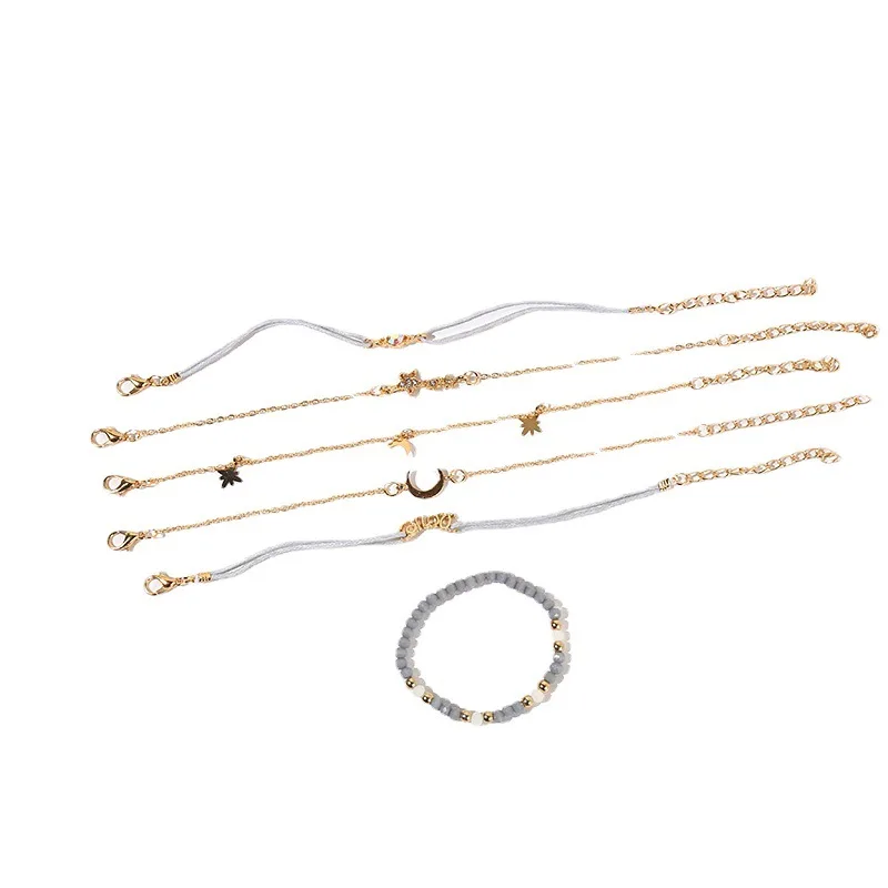 Kirykle 6pcs/set Boho Beach Jewelry for Women Star Moon Personality Pendant Bracelet Beaded Grey Beaded Handwork Party Girl Gift