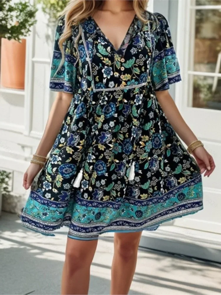 Women Floral Print Boho Beach Mini Dress  Summer V Neck Short Sleeve Lace Up Casual Loose Holiday Dresses Robe Female