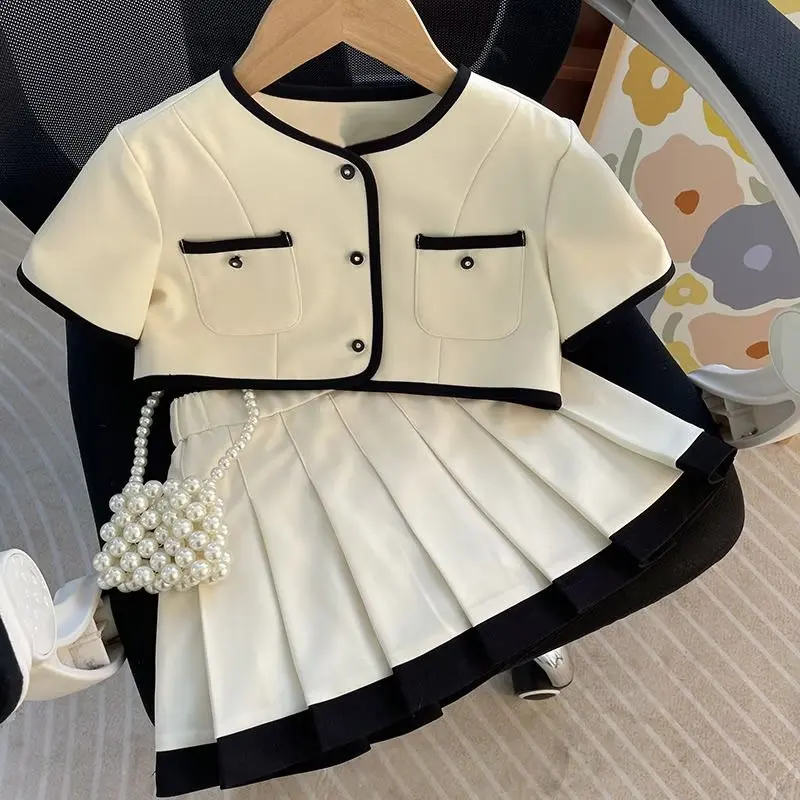 

Kids Girls Summer Set Skirt Korean Fashion Children's Suit Short Coat+Short Skirt Two Piece Baby Clothing Set New 2-7T