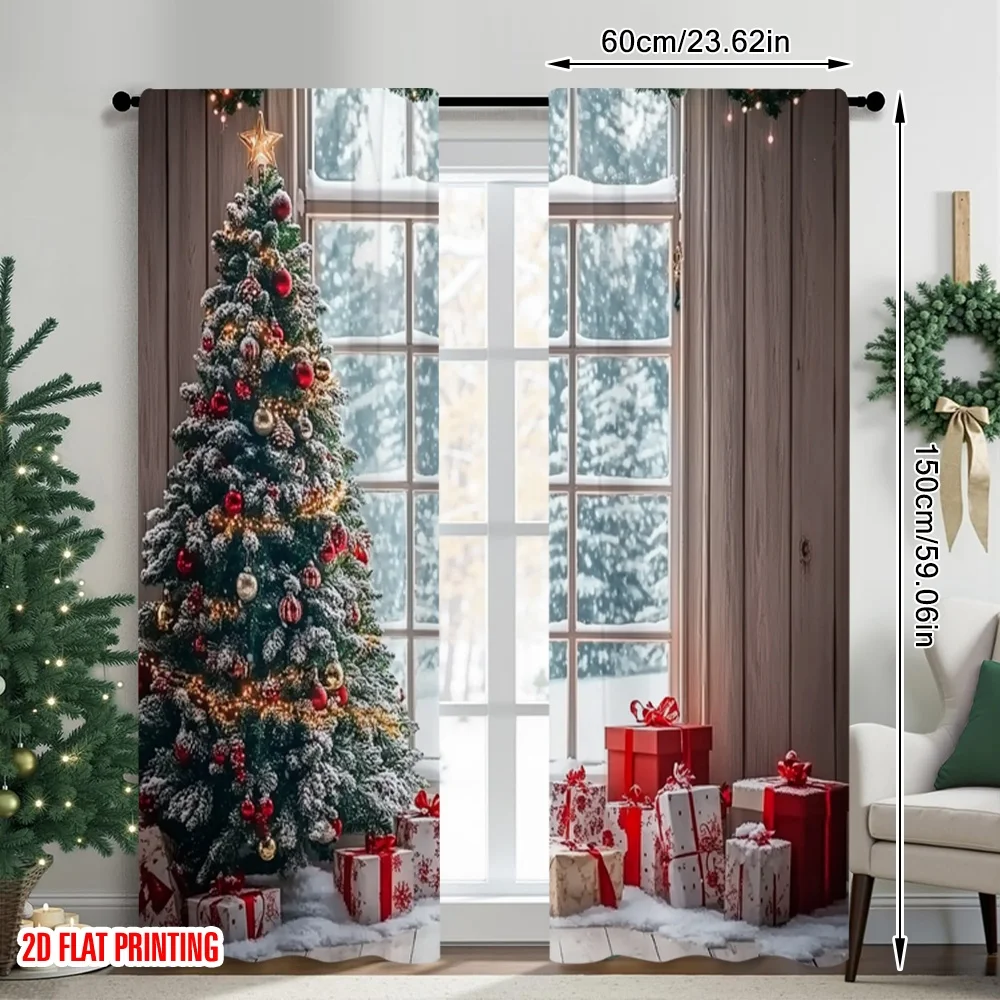 2 قطعة 2D الطباعة المسطحة عالية الجودة عيد الميلاد الستائر سانتا كلوز والرنة الشتاء المشهد3 دائم ألياف البوليستر الطرف و