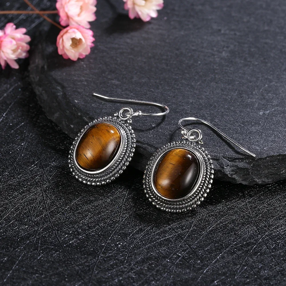 S925 Silver Earring Oval Natural Rhodochrosite Tiger Eye Hoop Earrings for Women Girls Jewelry Party Engagement Gift