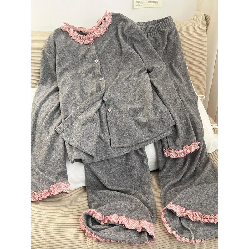 

Autumn Winter Women's Pajamas Sweet Soft and Sticky Homewear Velvet Fleece Long Sleeves Pants Sleepwear Ruffle Nightwear Set