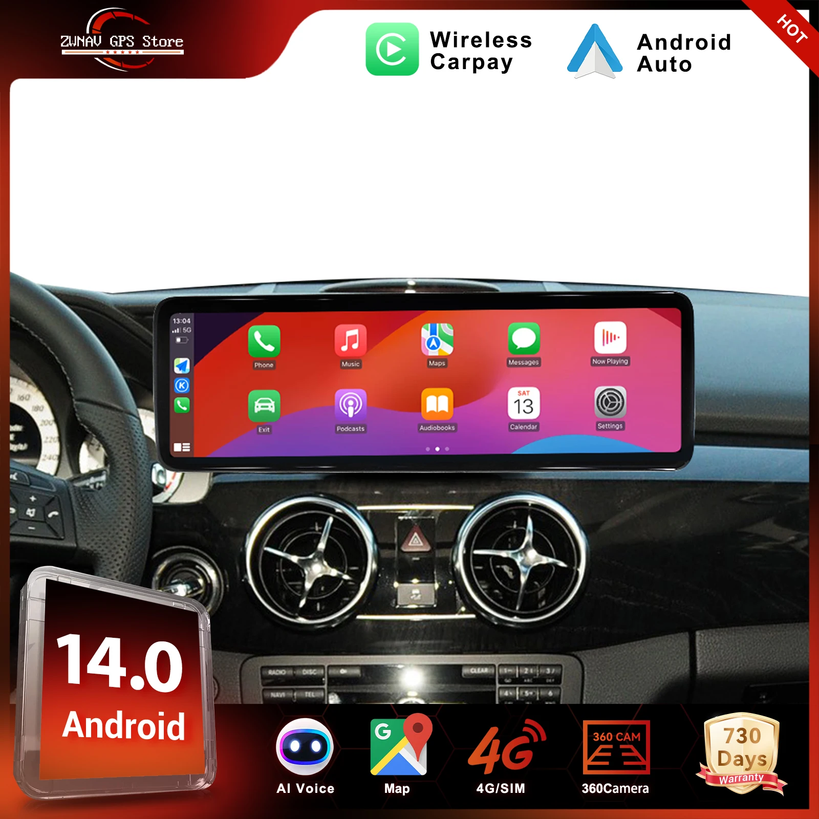 ZWNAV Android 14 Car Radio For Mercedes-Benz C 2008－2010 Wireless CarPlay Android Auto DSP Sound GPS Navigation WIFI 4G System