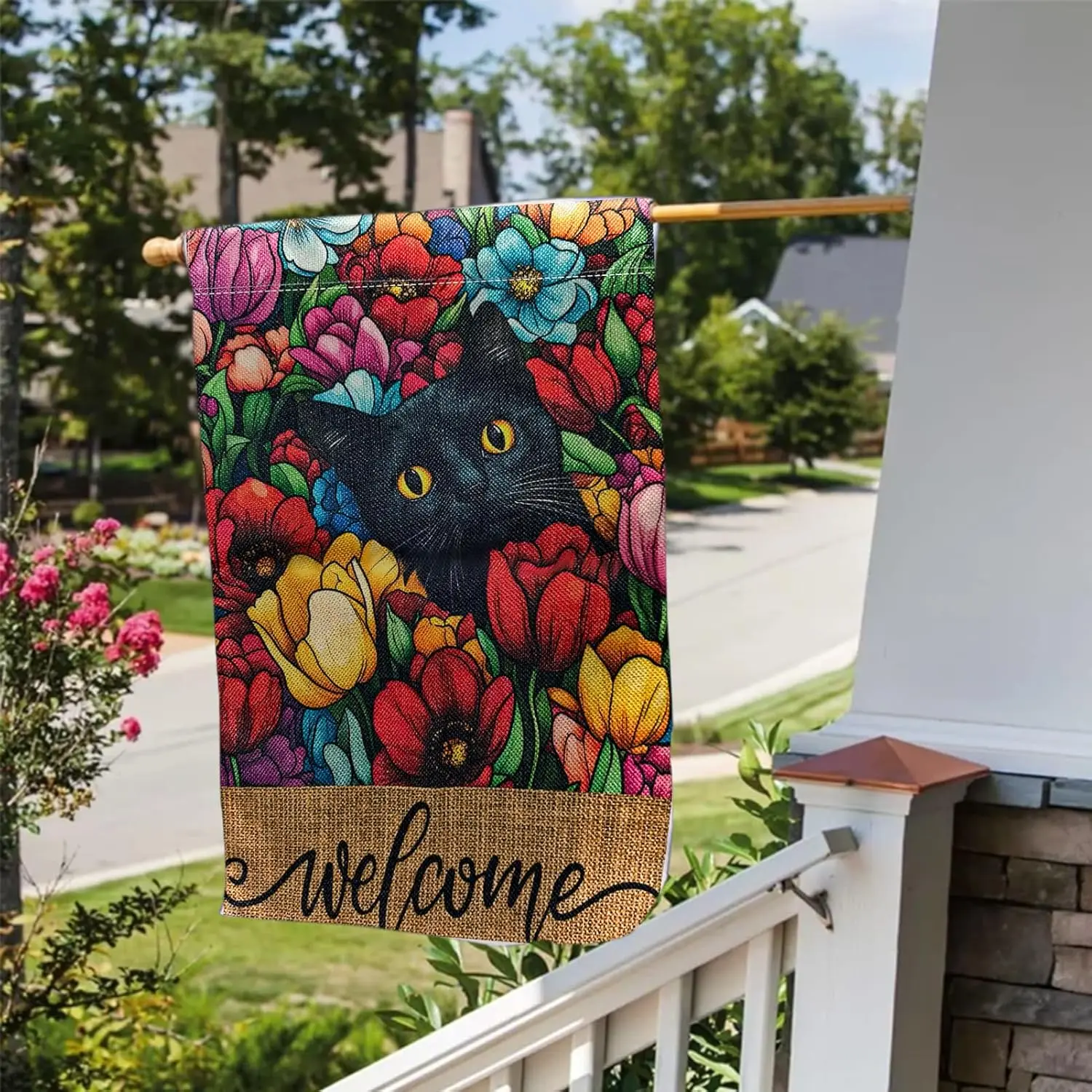 Welcome Cat Garden Flag 12x18 Double Sided, Spring Summer Colorful Flower Floral Yard Flags for Outside, Cute Animal Small B AAS
