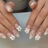 24pcs(+Tools) Pearl Bow Nude Pink Press On Nails White French Fingertips Almond Full Cover Fasle Nails New Year Nail Accessories