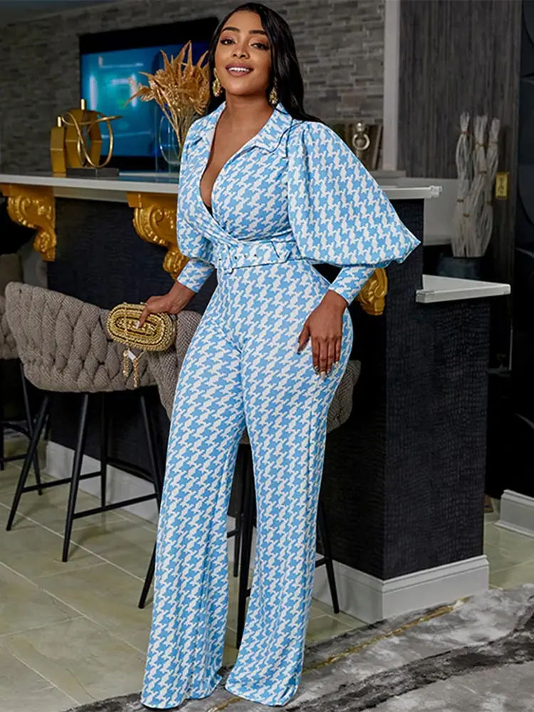 2023 Autumn New Two Pieces Set Women Print Lantern Sleeve Shirt Wide Leg Trouser Suits Elegant Slim Top Pants Set Casual Outfits