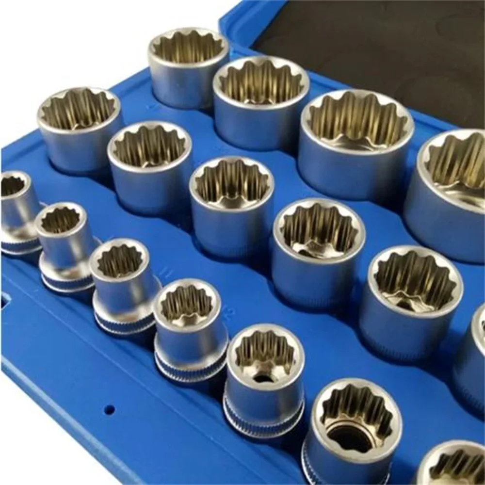 21PC 6/12 Corners Socket Wrench Set Lock Socket Torx Hex Torx Splined Bit Socket Set 1/2” Hex Socket Repair Tool Kit 8-32mm