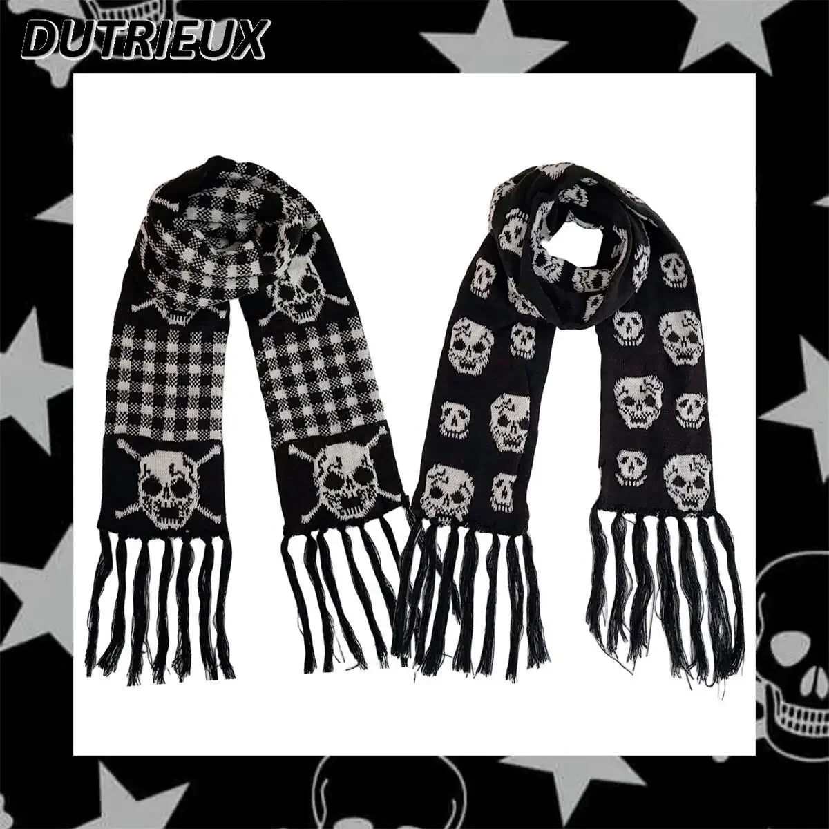 Japanese Y2K Printed Punk Tassel Men's Women's Plaid Scarf Tide Autumn Winter Sweet Girls Versatile Going Out Warm Scarf